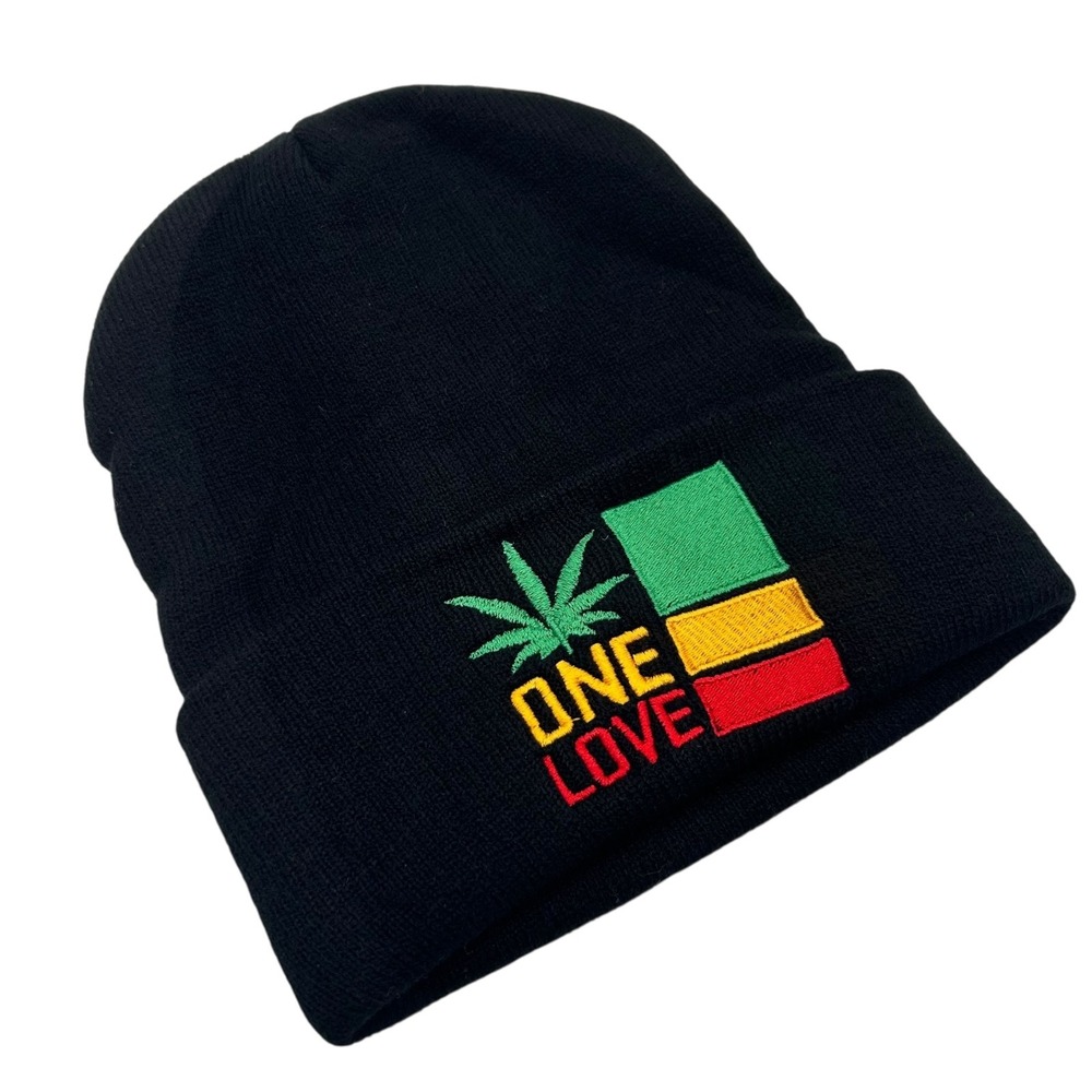 NEW Rasta‎ One Love Knit Beanie Hat Black Reggae Rastafarian Jamaica Embroidered